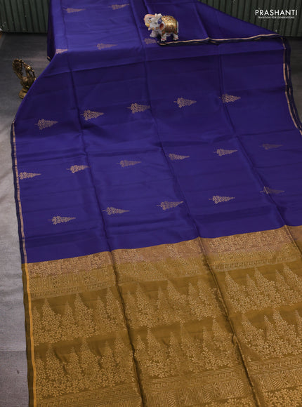 Blue & Mustard Green Kanchipuram Soft Silk Saree - Buttas