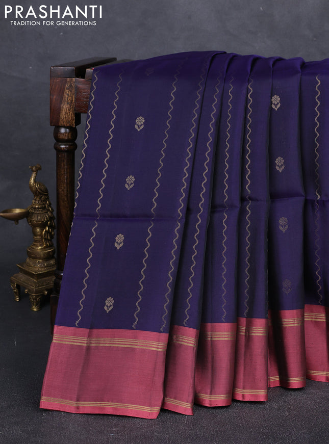 Navy blue & Mauve pink Kanchipuram Soft Silk Saree - Zari Weaves