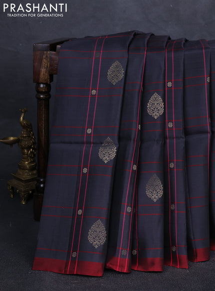 Grey & Red Kanchipuram Soft Silk Saree - Checks & Buttas