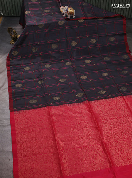 Grey & Red Kanchipuram Soft Silk Saree - Checks & Buttas