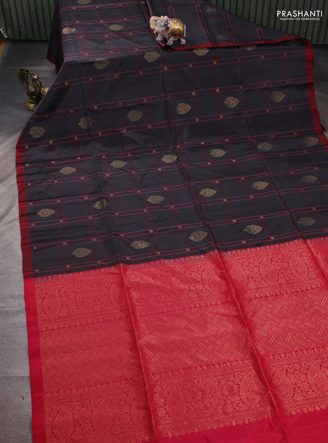 Grey & Red Kanchipuram Soft Silk Saree - Checks & Buttas