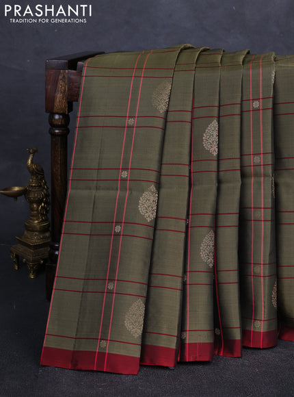 Elaichi green & Red Kanchipuram Soft Silk Saree - Checks & Buttas