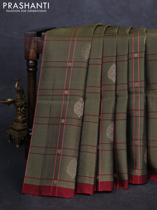 Elaichi green & Red Kanchipuram Soft Silk Saree - Checks & Buttas