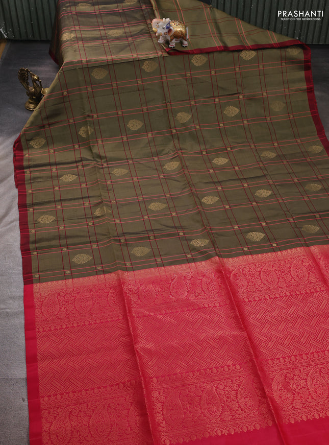 Elaichi green & Red Kanchipuram Soft Silk Saree - Checks & Buttas