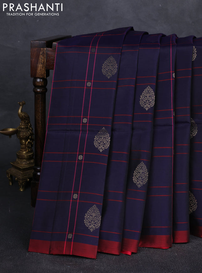 Violet & Red Kanchipuram Soft Silk Saree - Checks & Buttas