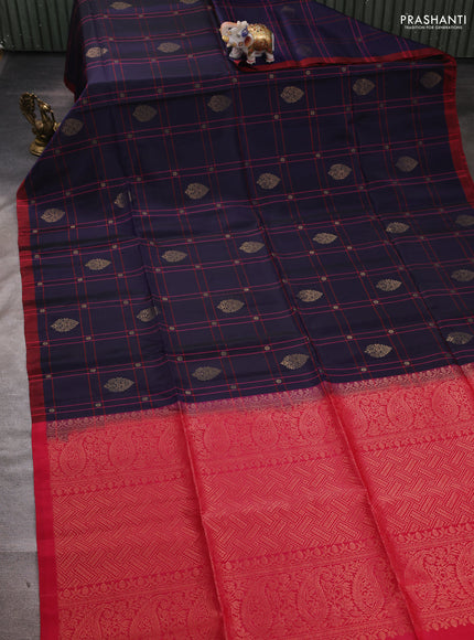Violet & Red Kanchipuram Soft Silk Saree - Checks & Buttas