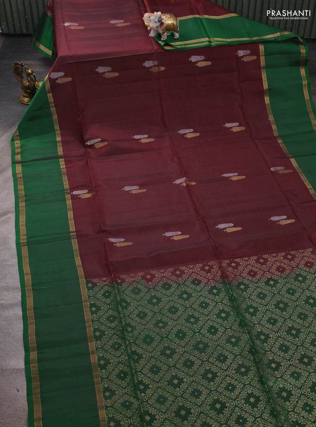 Brown & Green Kanchipuram Soft Silk Saree - Buttas