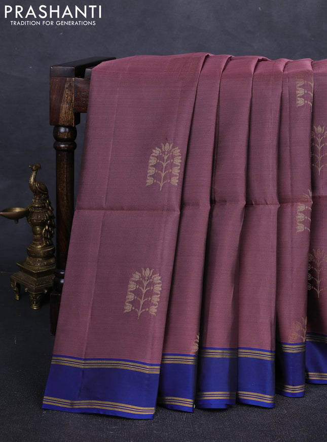 Rosy Brown & blue Kanchipuram Soft Silk Saree - Buttas