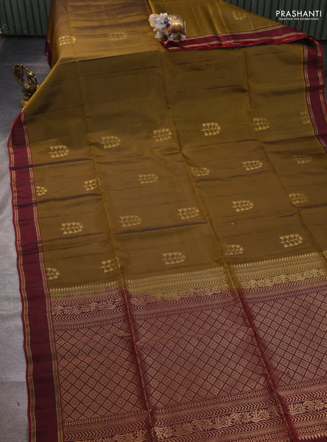 Mehendi  Green & Maroon Kanchipuram Soft Silk Saree - Buttas