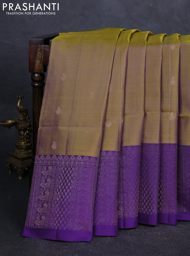 Elaichi Green & Violet Kanchipuram Soft Silk Saree - Buttas