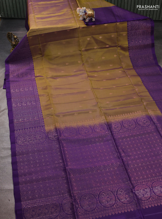 Elaichi Green & Violet Kanchipuram Soft Silk Saree - Buttas