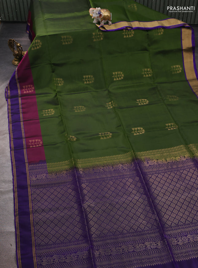 Green & Violet Kanchipuram Soft Silk Saree - Buttas