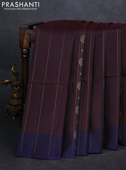 Wine & Navy Blue Kanchipuram Soft Silk Saree - Zari Weaves