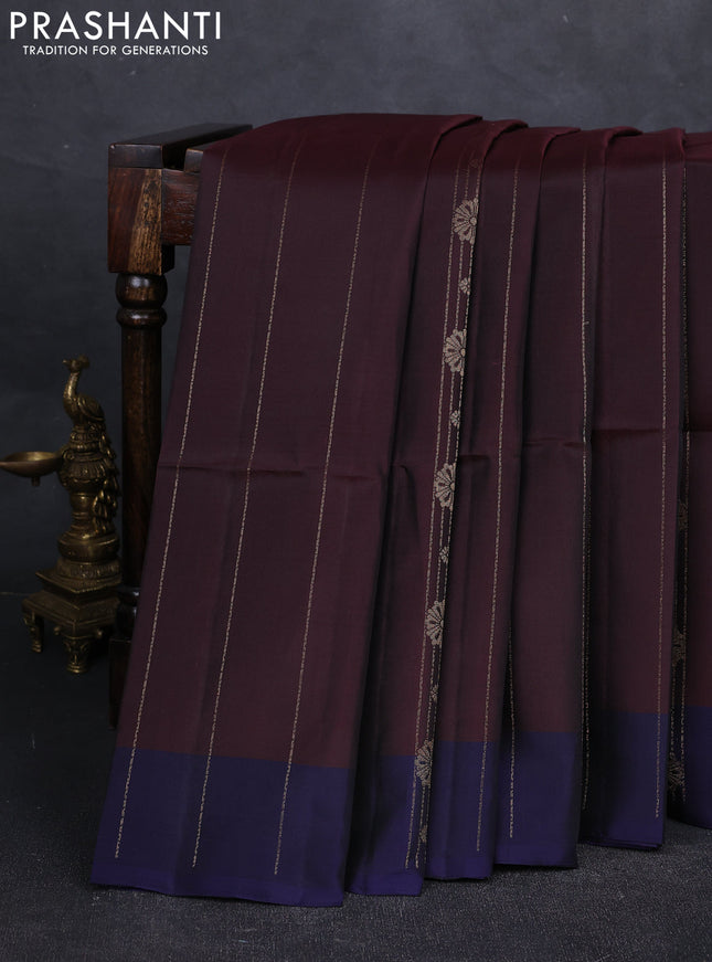 Wine & Navy Blue Kanchipuram Soft Silk Saree - Zari Weaves