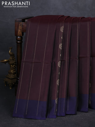 Wine & Navy Blue Kanchipuram Soft Silk Saree - Zari Weaves