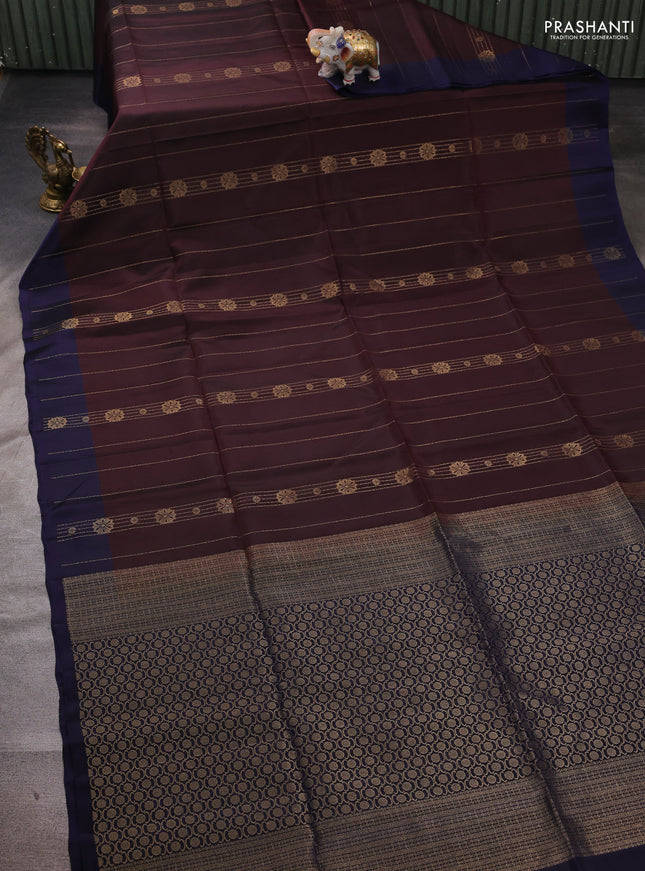 Wine & Navy Blue Kanchipuram Soft Silk Saree - Zari Weaves