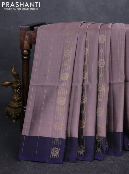 Rosy Brown & Navy Blue Kanchipuram Soft Silk Saree - Zari Weaves