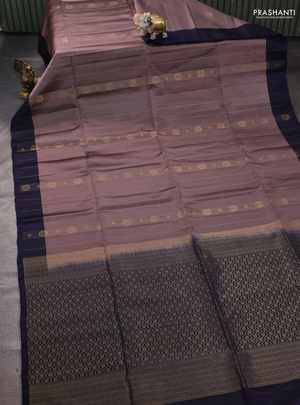 Rosy Brown & Navy Blue Kanchipuram Soft Silk Saree - Zari Weaves