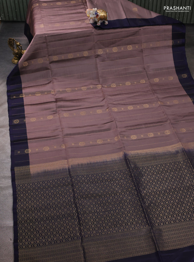 Rosy Brown & Navy Blue Kanchipuram Soft Silk Saree - Zari Weaves