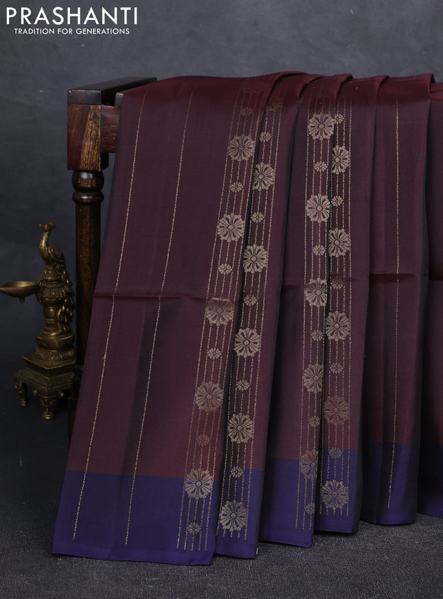 Coffee Brown & Navy Blue Kanchipuram Soft Silk Saree - Zari Weaves