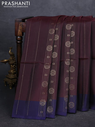 Coffee Brown & Navy Blue Kanchipuram Soft Silk Saree - Zari Weaves