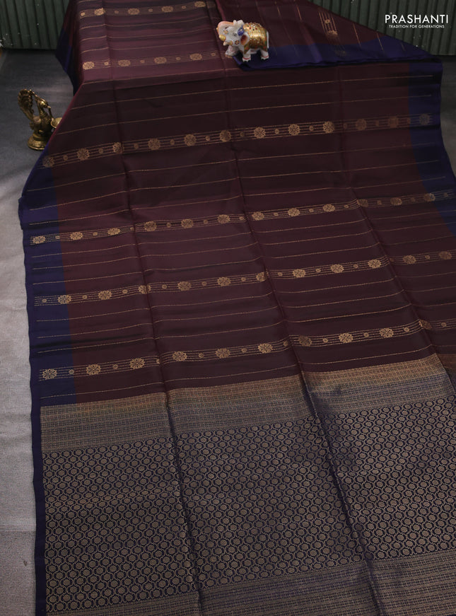 Coffee Brown & Navy Blue Kanchipuram Soft Silk Saree - Zari Weaves