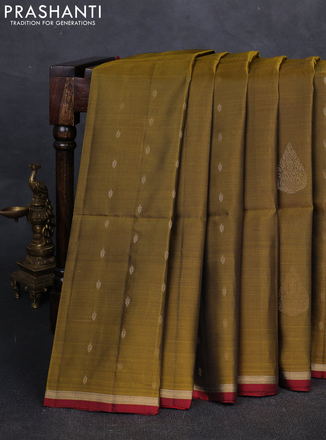 Mehendi Green & Red  Kanchipuram Soft Silk Saree - Buttas