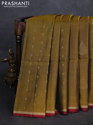 Mehendi Green & Red  Kanchipuram Soft Silk Saree - Buttas