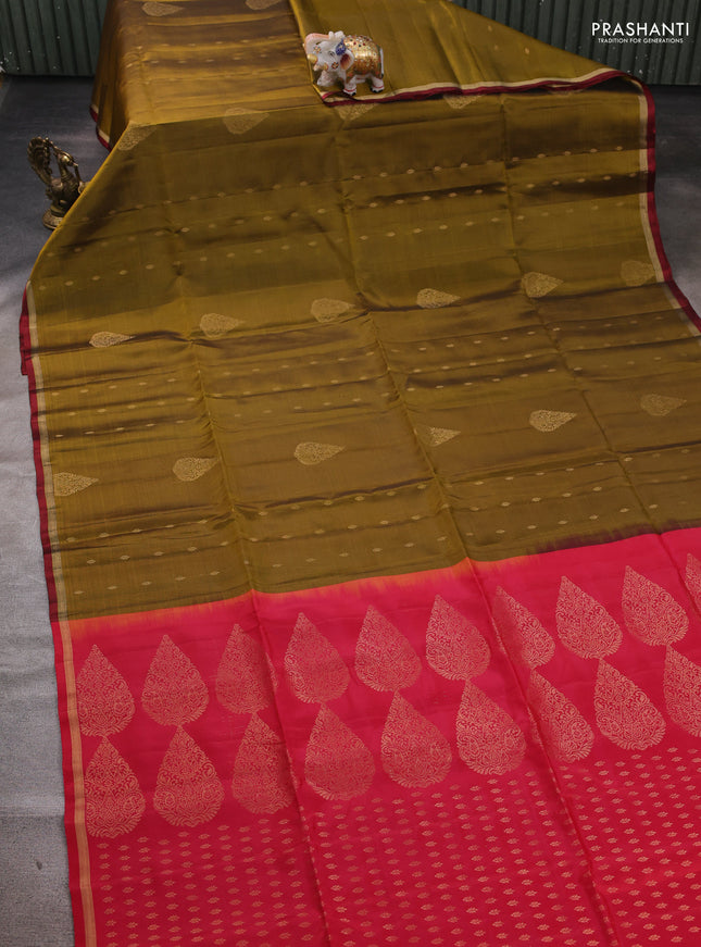 Mehendi Green & Red  Kanchipuram Soft Silk Saree - Buttas
