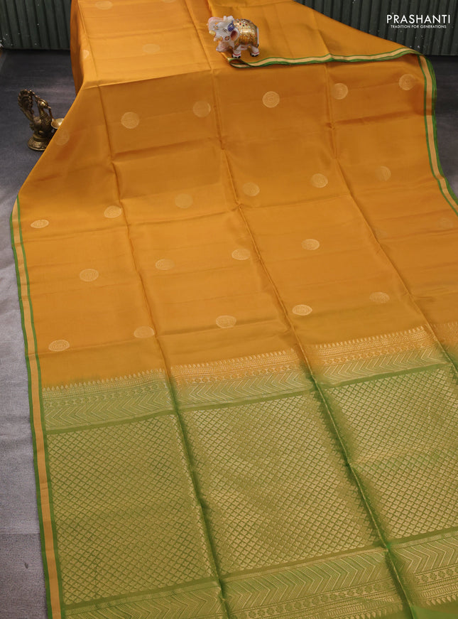 Mustard yellow & Green Kanchipuram Soft Silk Saree - Buttas