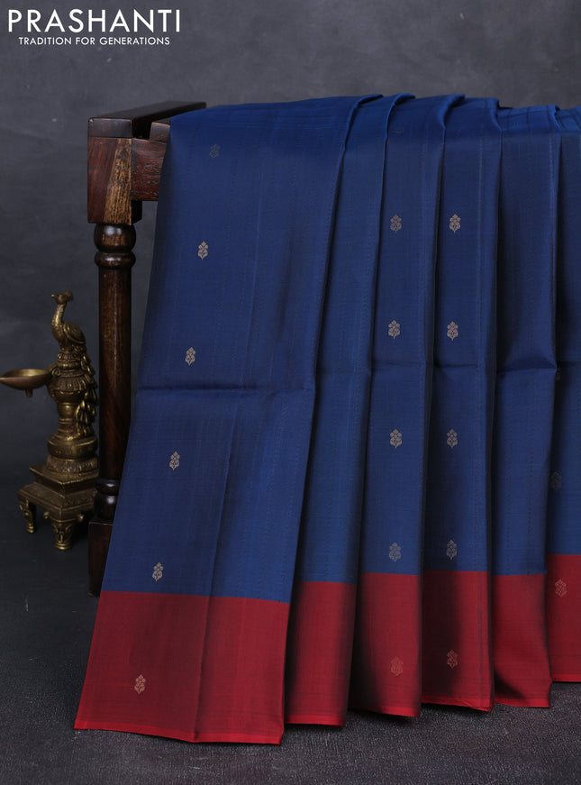 Pecock Blue & Maroon Kanchipuram Soft Silk Saree - Buttas