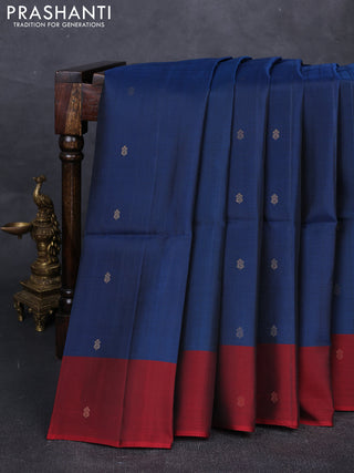 Pecock Blue & Maroon Kanchipuram Soft Silk Saree - Buttas