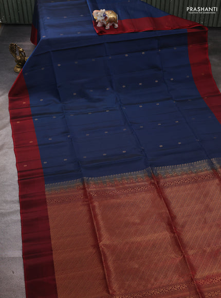 Pecock Blue & Maroon Kanchipuram Soft Silk Saree - Buttas