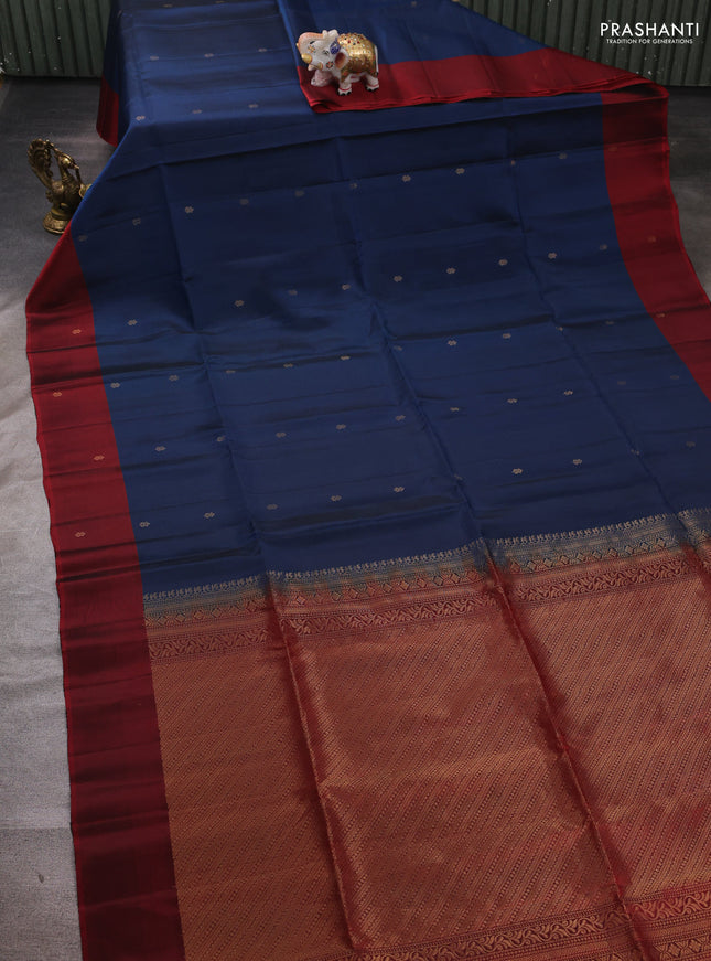 Pecock Blue & Maroon Kanchipuram Soft Silk Saree - Buttas