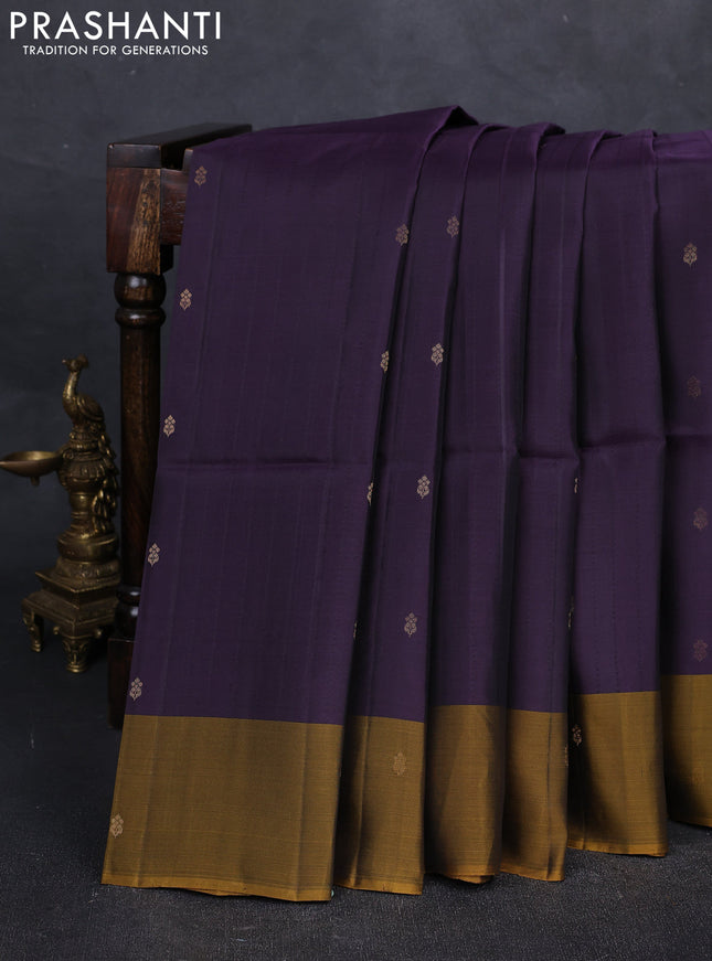 Jamun & Mustard Green Kanchipuram Soft Silk Saree - Buttas