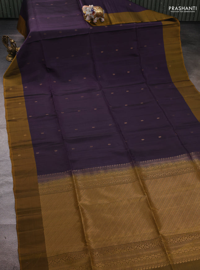 Jamun & Mustard Green Kanchipuram Soft Silk Saree - Buttas