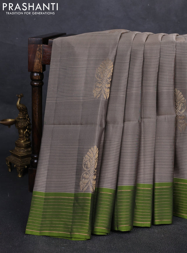 Grey & Green Kanchipuram Soft Silk Saree - Buttas