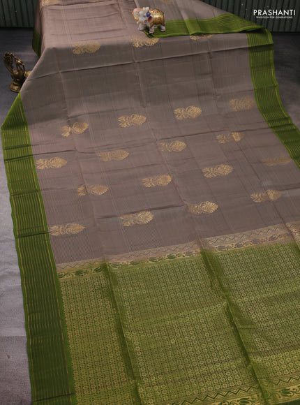 Grey & Green Kanchipuram Soft Silk Saree - Buttas