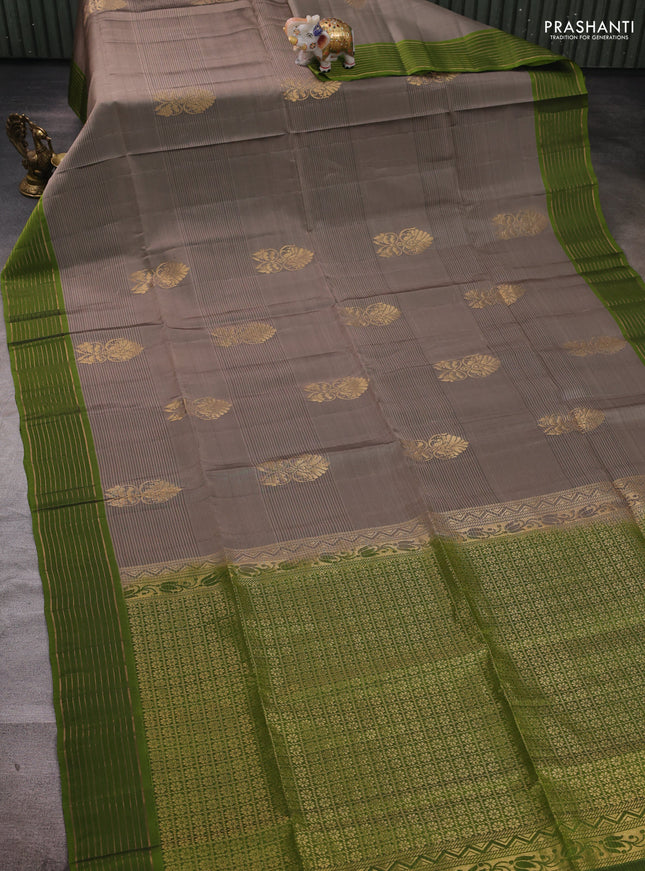Grey & Green Kanchipuram Soft Silk Saree - Buttas