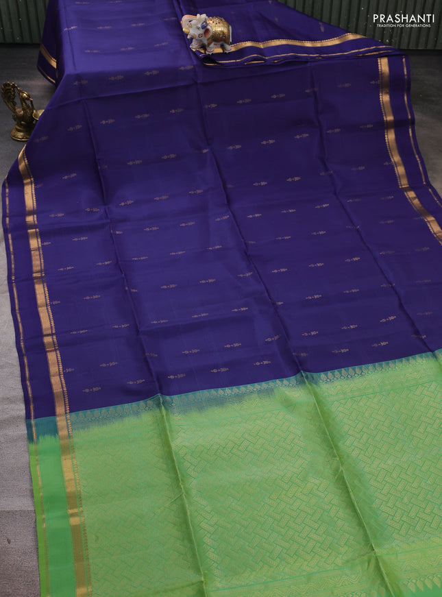 Navy Blue & Green Kanchipuram Soft Silk Saree - Buttas