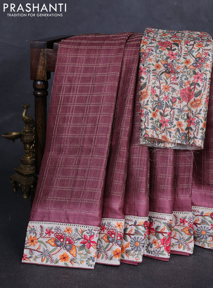 Maroon & Beige Semi Tussar Embroidery Saree - Printed Blouse