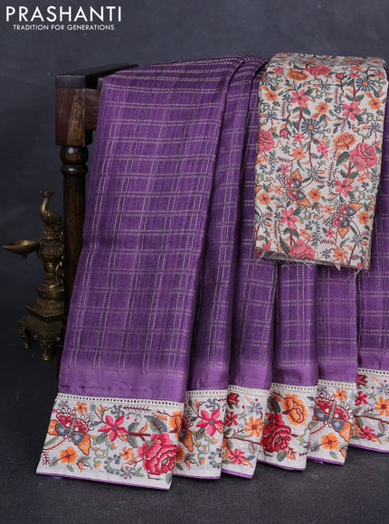 Purple & Beige Semi Tussar Embroidery Saree - Printed Blouse