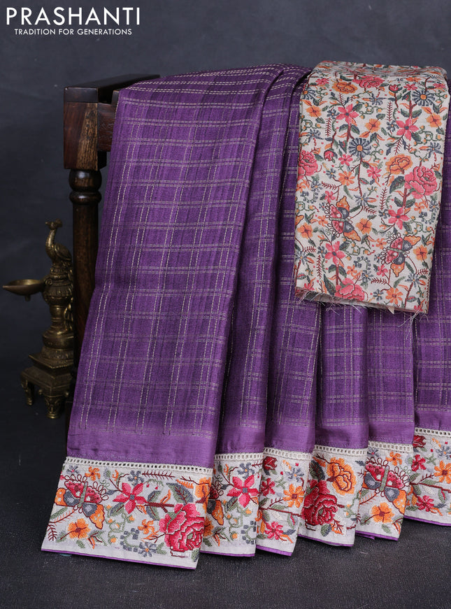 Purple & Beige Semi Tussar Embroidery Saree - Printed Blouse
