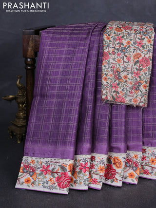 Purple & Beige Semi Tussar Embroidery Saree - Printed Blouse