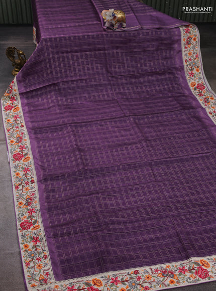 Purple & Beige Semi Tussar Embroidery Saree - Printed Blouse
