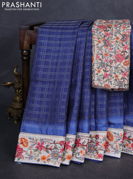 Blue & Beige Semi Tussar Embroidery Saree - Printed Blouse