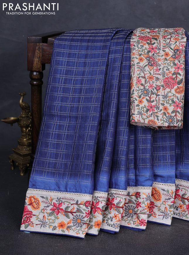 Blue & Beige Semi Tussar Embroidery Saree - Printed Blouse