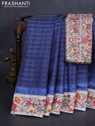Blue & Beige Semi Tussar Embroidery Saree - Printed Blouse