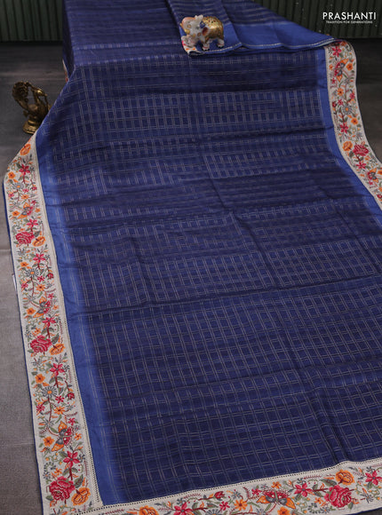 Blue & Beige Semi Tussar Embroidery Saree - Printed Blouse