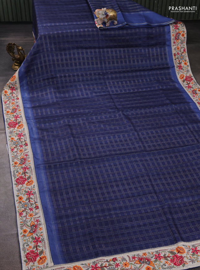 Blue & Beige Semi Tussar Embroidery Saree - Printed Blouse